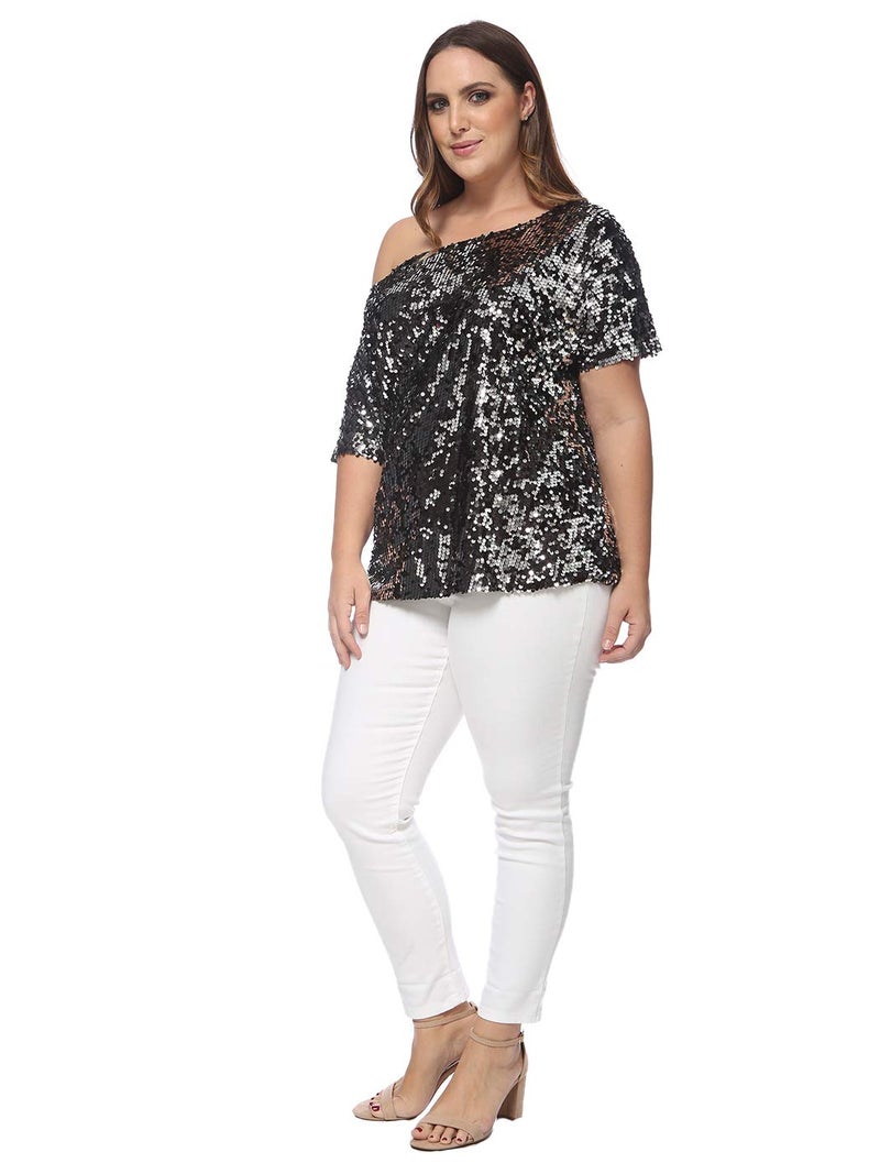 Anna-Kaci Women's Plus Size Sequin Sexy One Shoulder Short Sleeve Party Club Top, Black and Silver, 2X-Large - Image 5